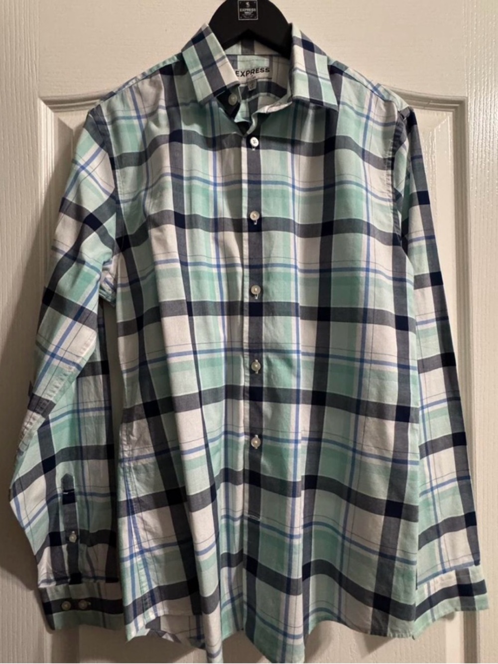 Express Men's Plaid Button-Down Shirt - Mint Green & Navy